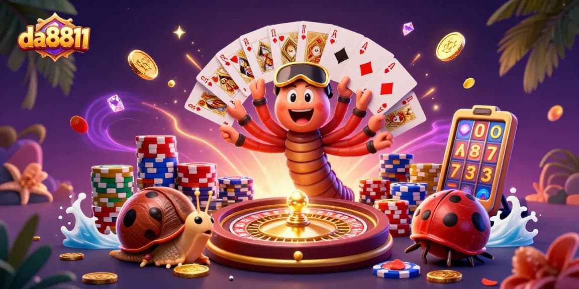 da8811 vibrant gameplay scene with cartoon dealer, snail high-roller, and magical casino elements