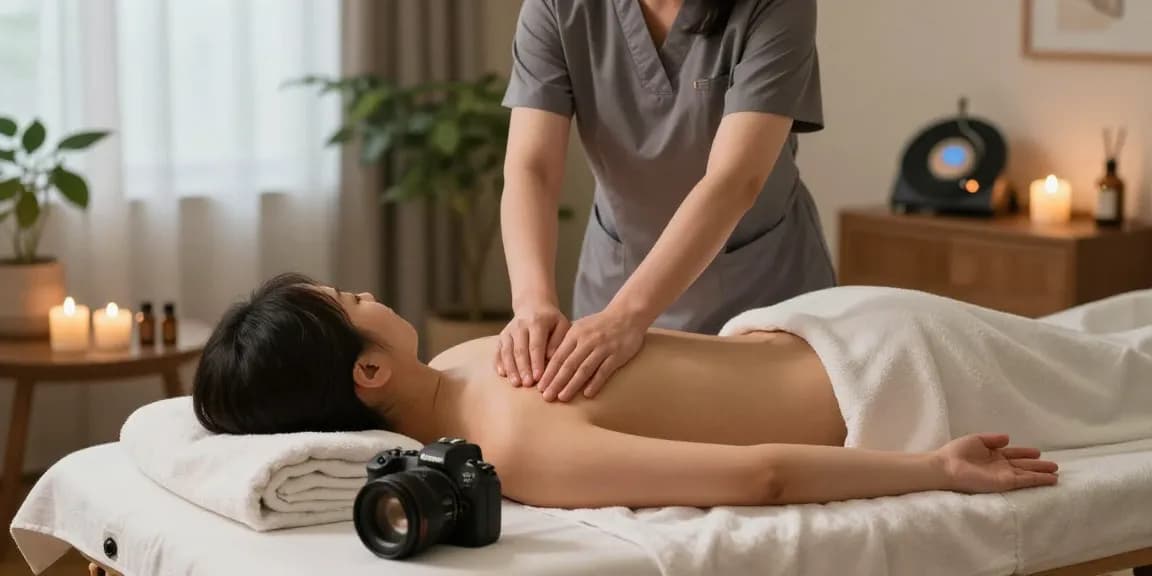Korean massage therapist providing 광명출장마사지 in a tranquil home setting with candles and essential oils.