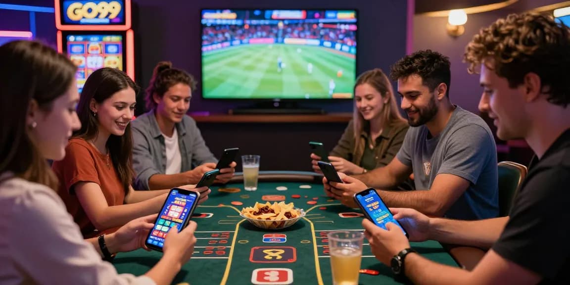 Diverse friends enjoying online gaming experiences at GO99 com with vibrant atmosphere and live sports.