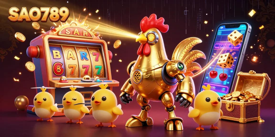 Experience the thrilling action of SAO789 with a golden rooster robot leading an exciting casino scene design.