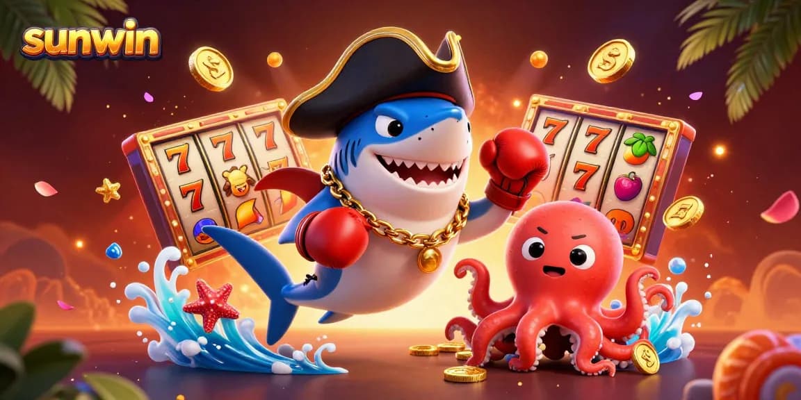 Experience the thrills of Sunwin with a lively casino scene featuring a shark, pufferfish, and octopus amidst vibrant gaming elements.