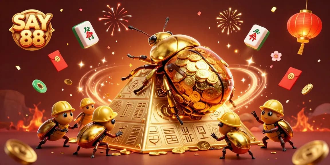 Join the excitement at SAY 88 with a golden beetle symbolizing luck amid dynamic casino elements.
