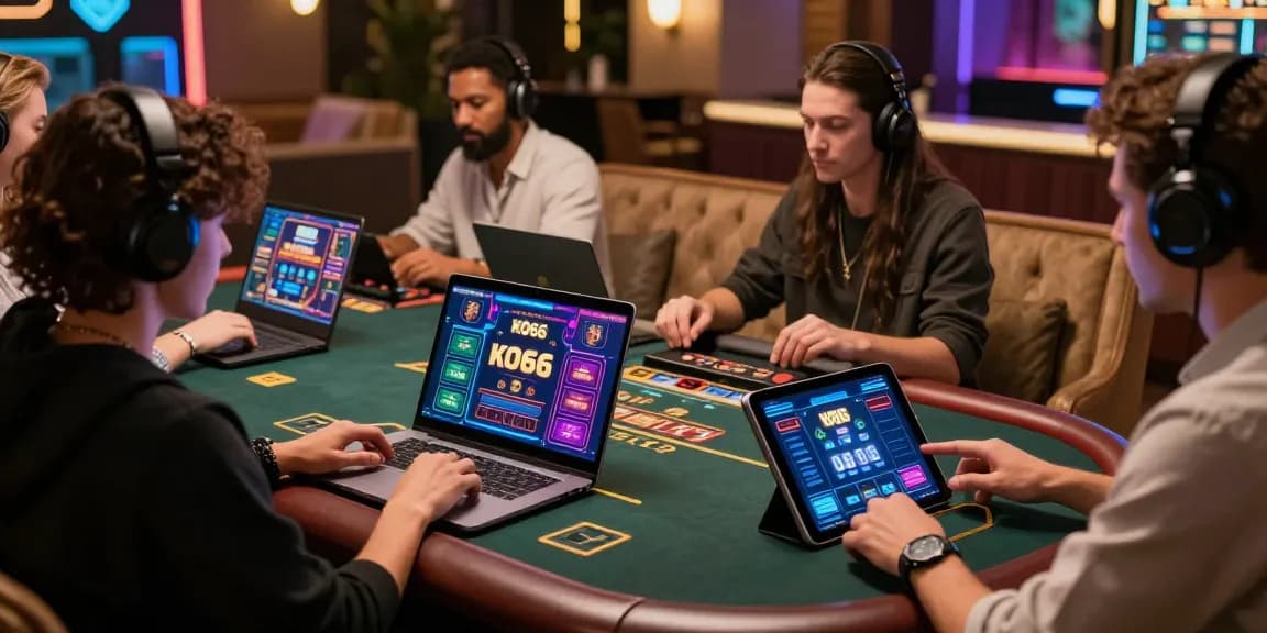Players enjoying exciting casino games on KO66 devices in a luxurious digital gambling environment.