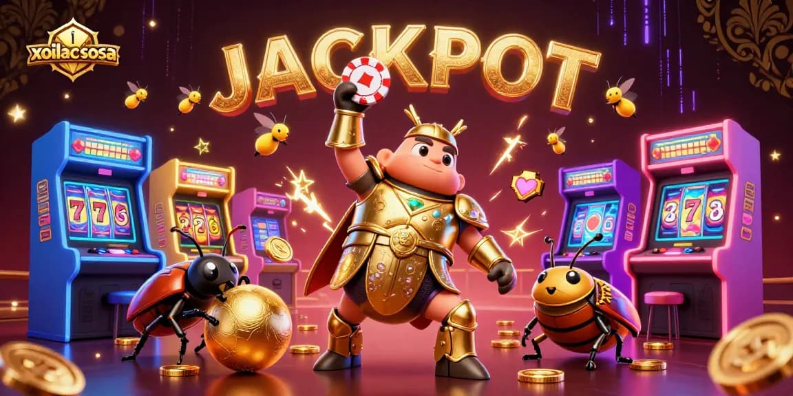 Experience thrilling gambling with xoilacsosa as a victorious beetle lifts a poker chip amidst a lively casino scene.