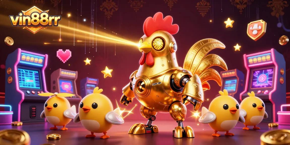 Experience thrilling gaming with vin88rr's vibrant casino visuals featuring a golden rooster robot and baby chick drones.