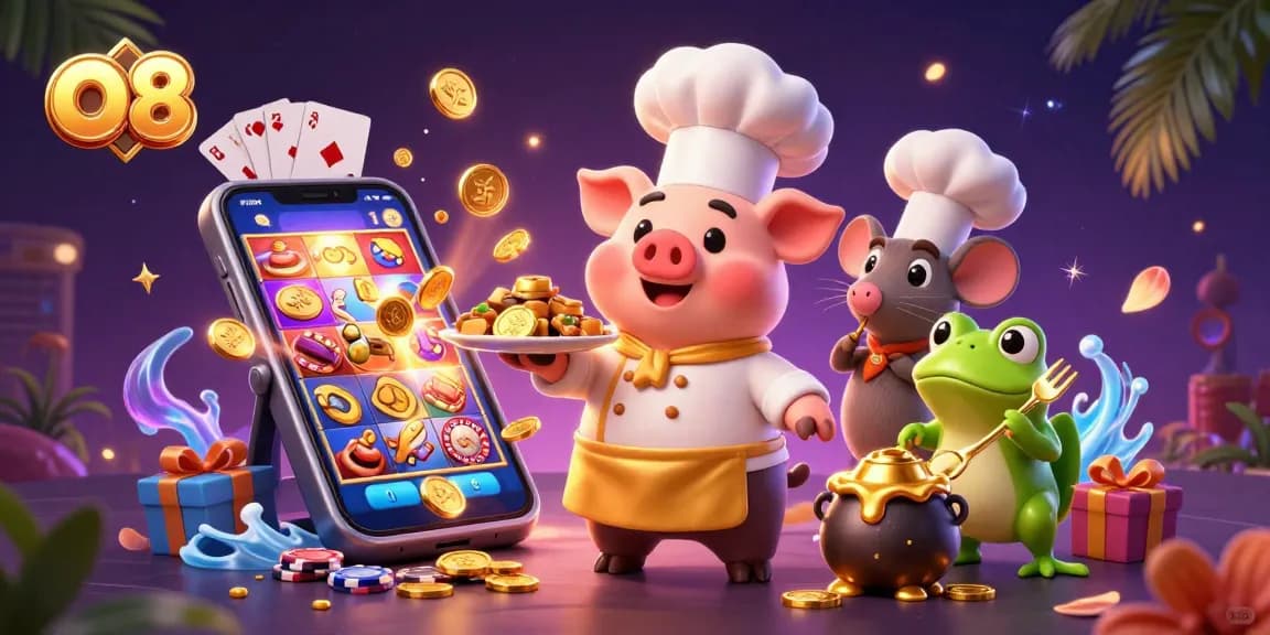Engage in thrilling slot action with o8's vibrant casino scene filled with gold coins and dynamic characters.