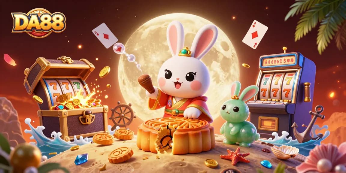 Engage in thrilling gaming with DA88, featuring a 3D moon rabbit and golden mooncakes in a vibrant casino scene.