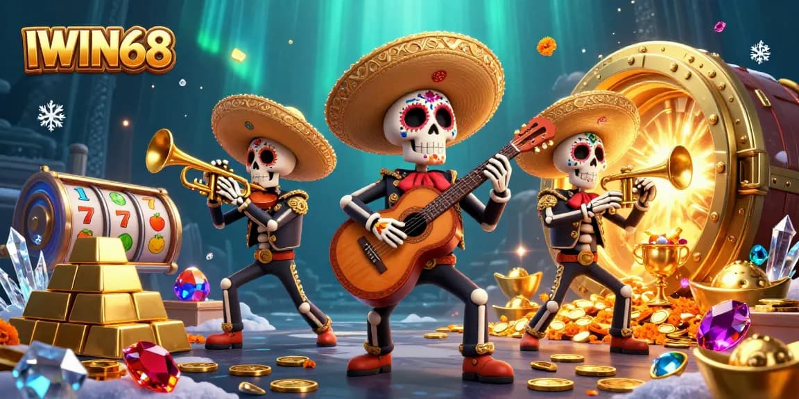 Engage with the thrilling world of IWIN68 featuring a vibrant mariachi band and treasure elements in a dynamic casino scene.