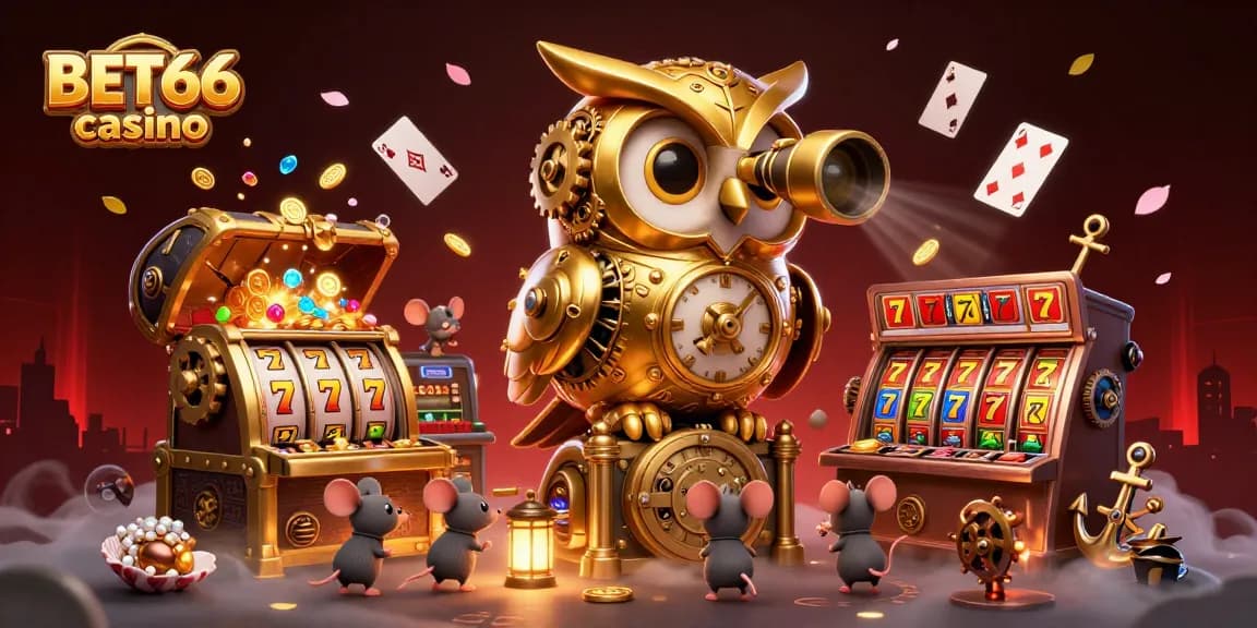 Bet66 casino scene showcasing a clockwork golden owl and wind-up mice amidst dynamic slot action.