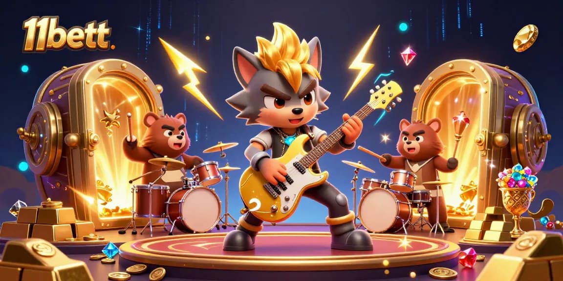 Experience excitement with 11bett as a rock star wolf plays guitar surrounded by jewels and treasures.