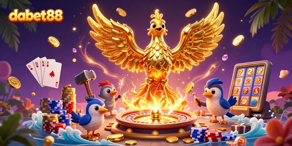 dabet88 captivates players with a dynamic casino scene featuring a molten golden phoenix and vibrant gaming elements.