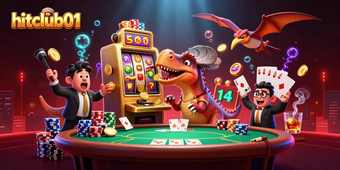 hitclub01 logo appears as a pachycephalosaurus hits a slot machine, cashing out golden coins in a dynamic casino scene.
