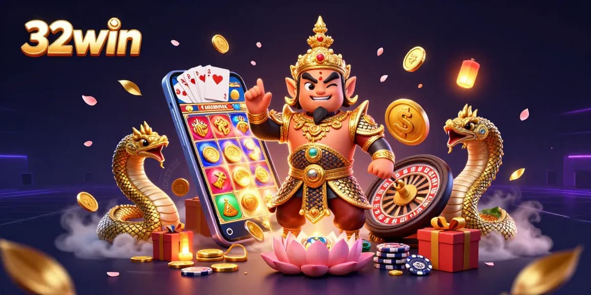 Engage in exciting gaming action at 32win with vibrant 3D illustration showcasing casino elements, guardian characters, and games.