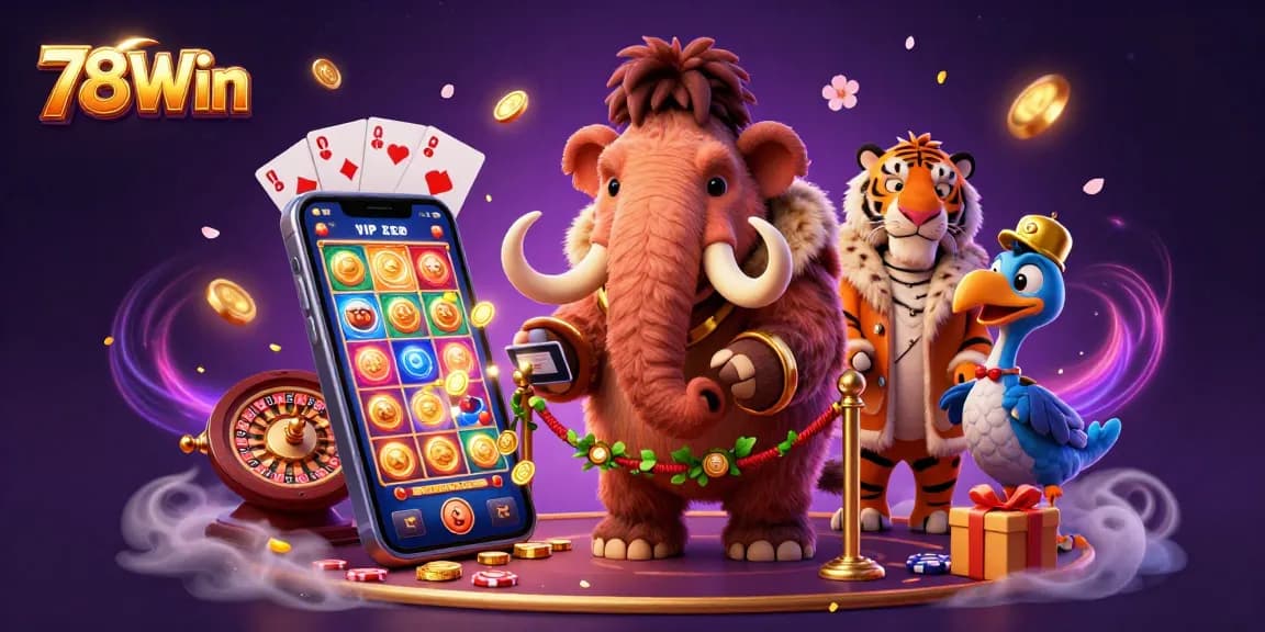 Experience the vibrant energy of 78Win with dynamic characters in a bustling casino scene.