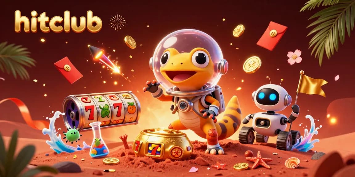 hitclub showcases a Martian gecko discovering a golden casino, surrounded by vibrant casino elements.