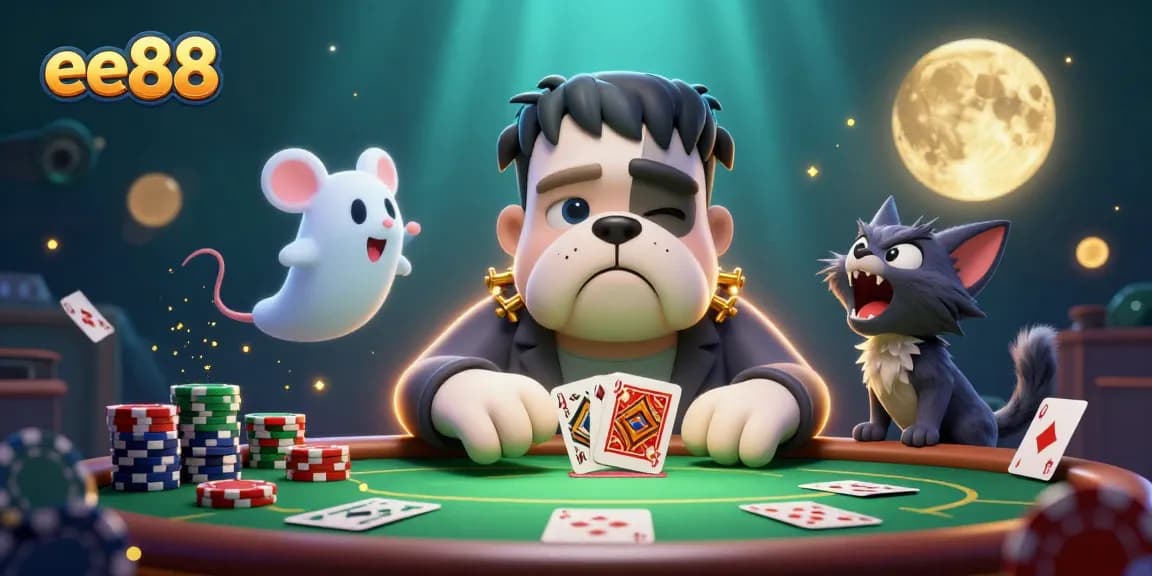 ee88 unleashes thrilling poker action with a Frankenstein bulldog dealer, ghostly decor, and rich casino elements
