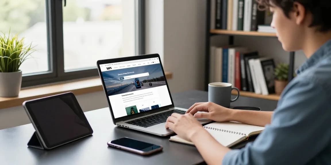 Focused professional downloading WPS software on a laptop in a bright home office.