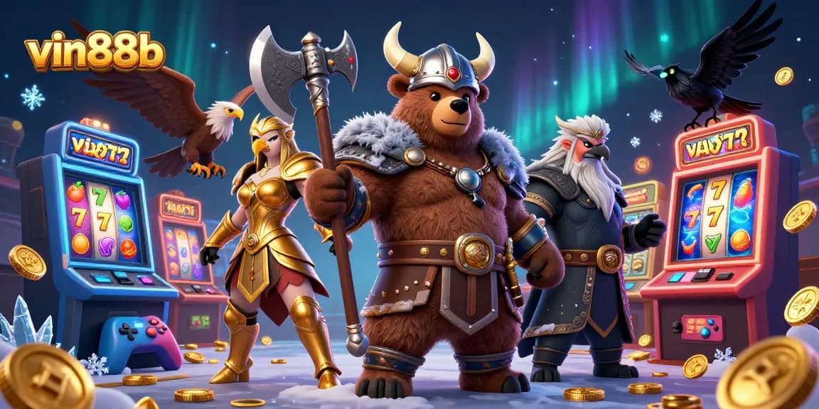 Spin the reels with vin88b's dynamic Viking bear and Valkyrie in this vibrant casino scene.