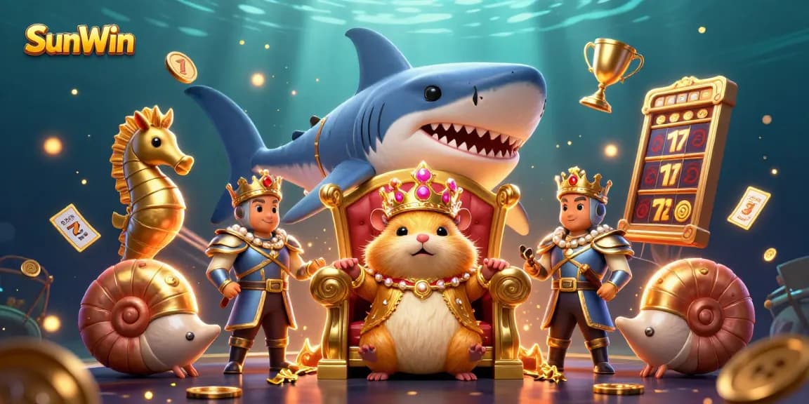 Play exciting slot games at SunWin with a vibrant underwater fantasy scene featuring a tiny hamster king and golden treasures.