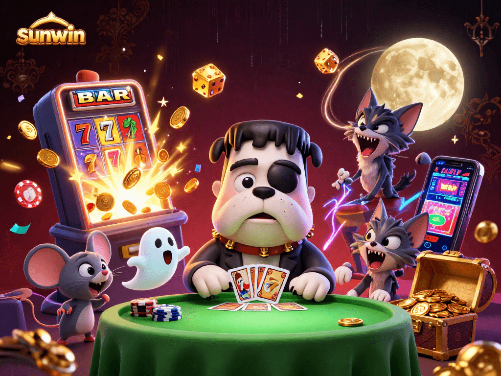 sunwin's thrilling casino scene features a cartoon bulldog dealer, ghost mouse, and a werewolf kitten, with vibrant game elements.