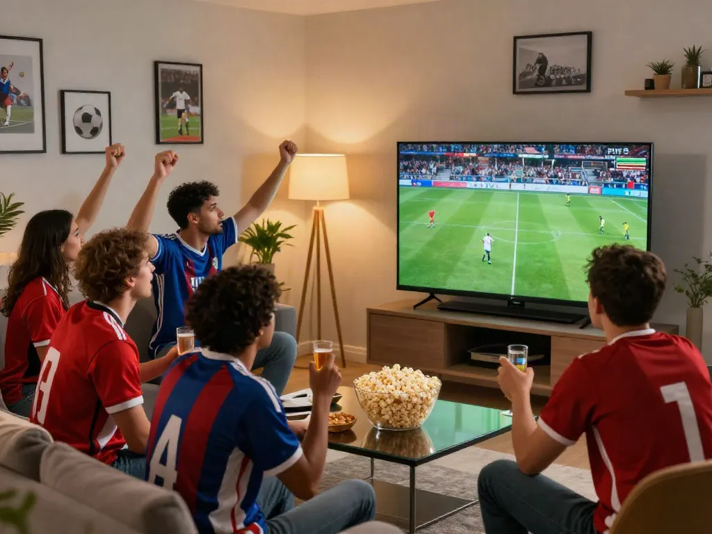 Xôi lạc TV fans enjoying a live football match in a cozy setting with HD screen.