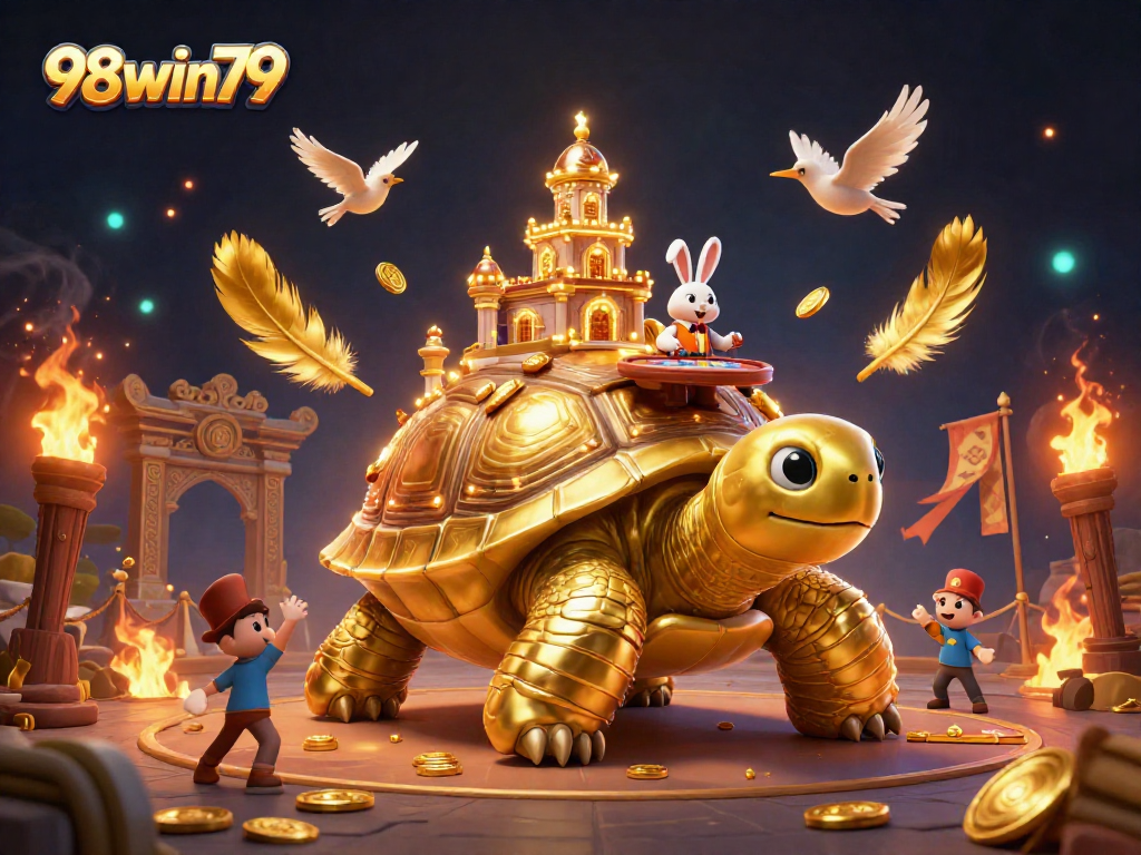 Engage in thrilling gameplay at 98win79 with golden tortoise casino scene featuring exciting characters and vibrant elements.