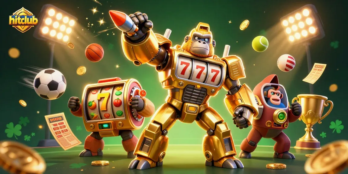 Experience hitclub's thrilling jackpot action with a dynamic 3D casino scene featuring golden gorilla mech and vibrant game elements.