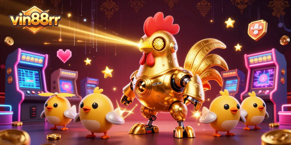 Experience thrilling gaming with vin88rr's vibrant casino visuals featuring a golden rooster robot and baby chick drones.