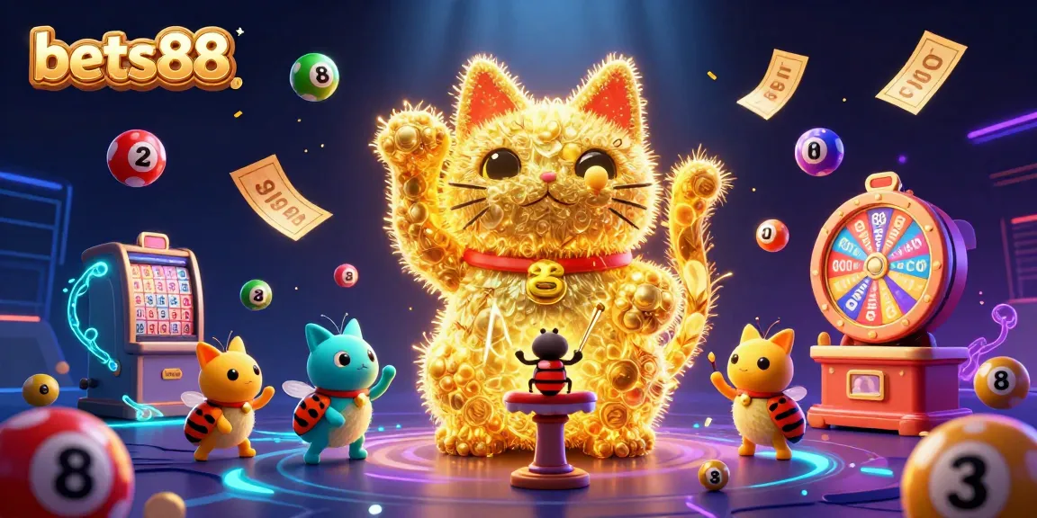 Experience the excitement of bets88 with a vibrant 3D illustration of a lucky cat and dynamic casino symbols.