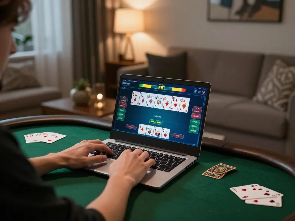 Kuwin player strategizing poker game at home with laptop, creating an engaging gaming atmosphere