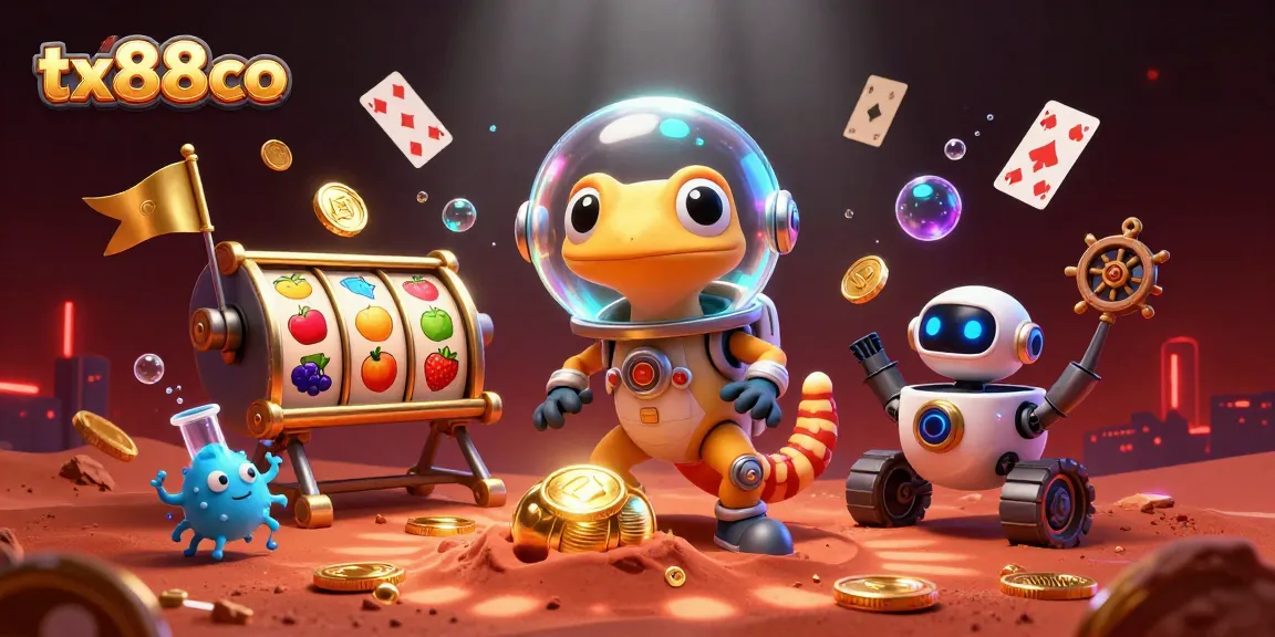 Experience thrilling gameplay at tx88co with a 3D illustration of Martian characters discovering a hidden casino.