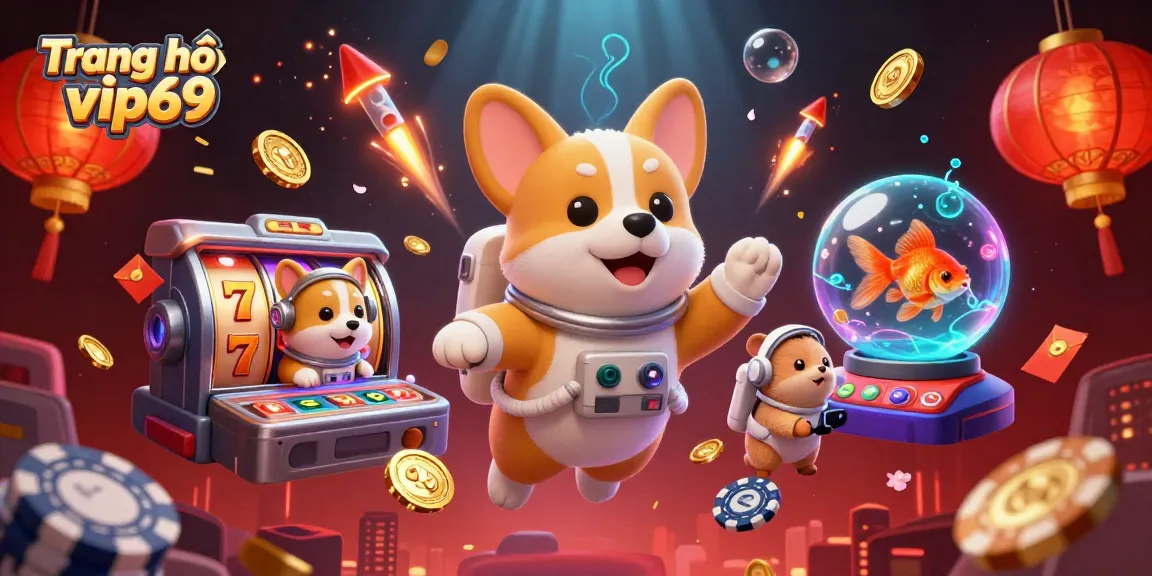 Engage with Trang chủ vip69 as the 3D cartoon astronaut corgi navigates a vibrant casino scene filled with joy.