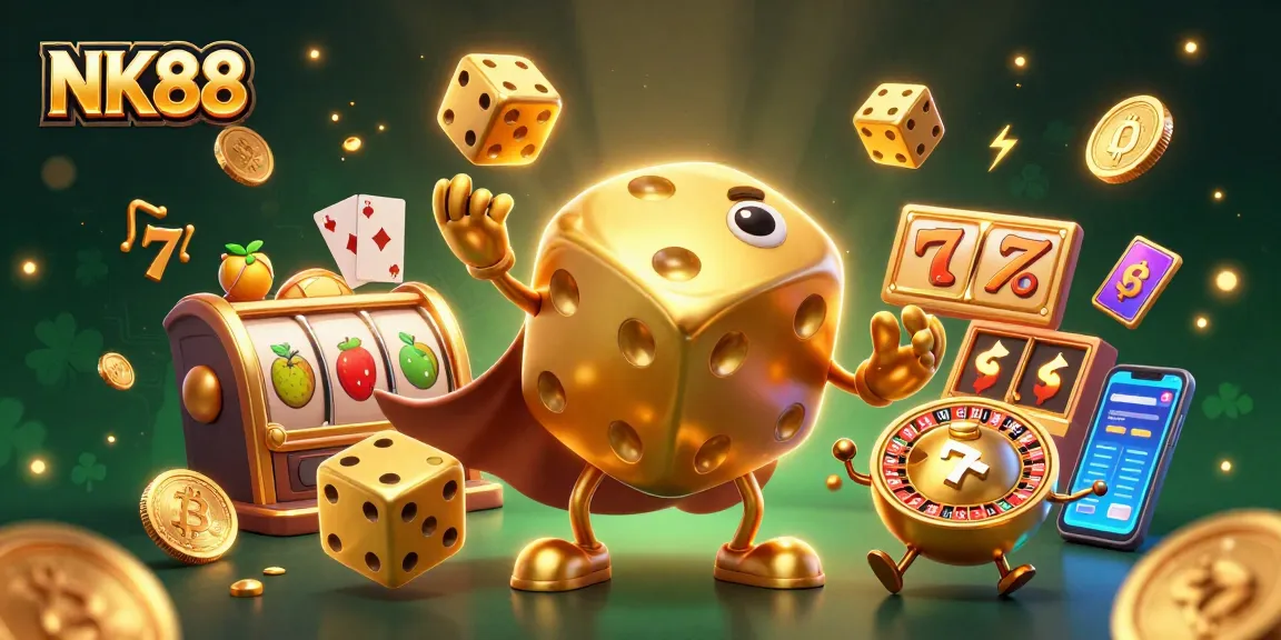 Engage with NK88 by spinning vibrant slot reels featuring golden dice and crypto coins.
