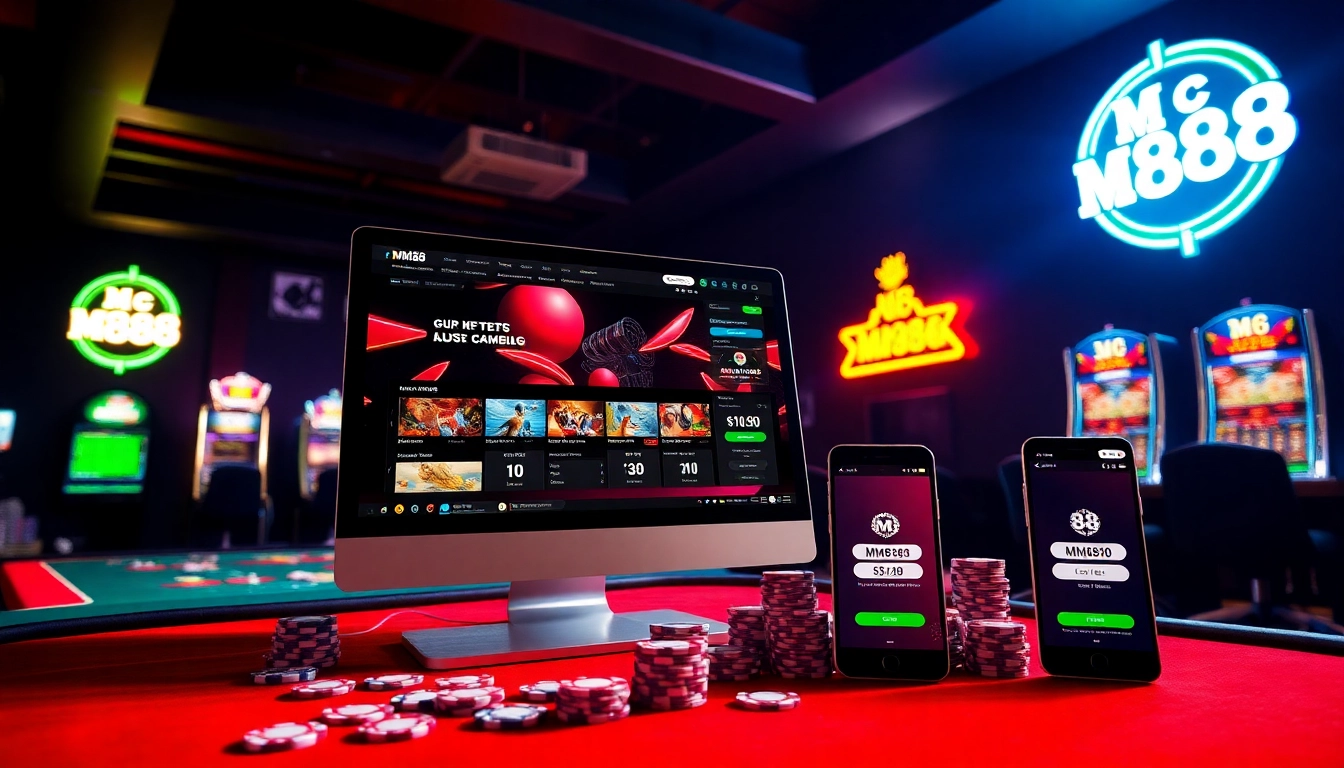 Experience MM88 đăng nhập with vibrant online gambling visuals featuring casino tables and poker chips.
