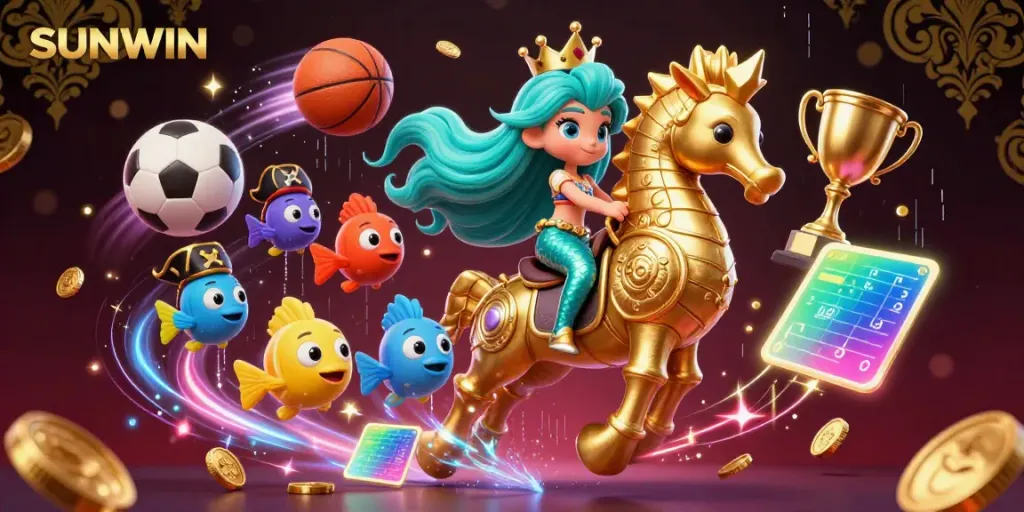 SUNWIN's exciting online gaming scene with a mermaid, seahorse, and vibrant casino elements.