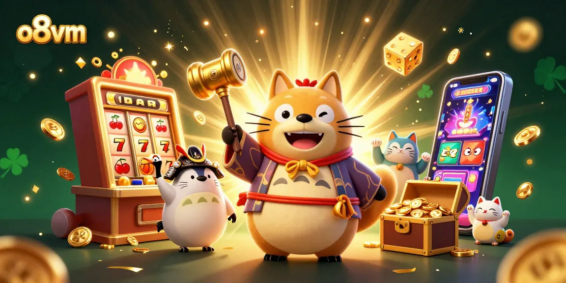 Spin the reels with o8vm's lively characters, celebrating winnings in a vibrant casino scene.
