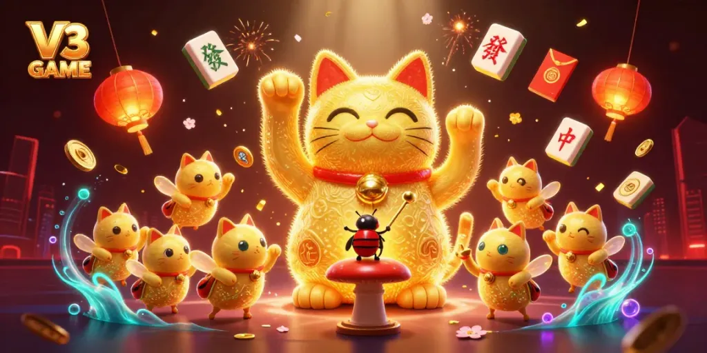 Engage with V3 GAME as golden fireflies form a lucky cat amidst casino elements in a vibrant scene.