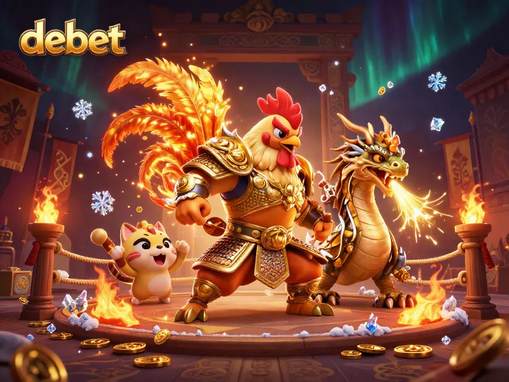 Engage in thrilling gameplay at Debet, featuring a valiant rooster warrior and dragon in a vibrant casino setting.