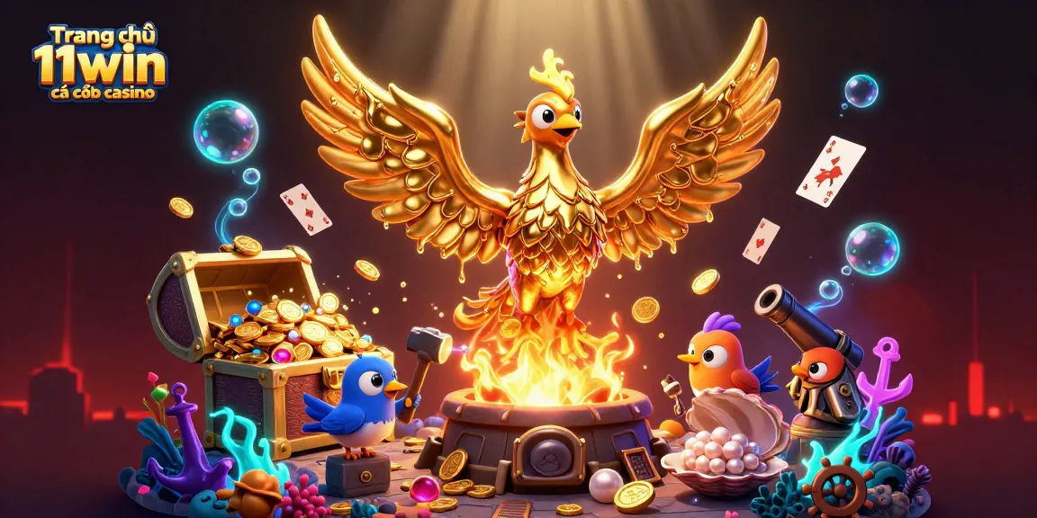 Engage with Trang chủ 11win cá cược casino featuring a molten metal phoenix amidst gold explosions in a vibrant casino scene.