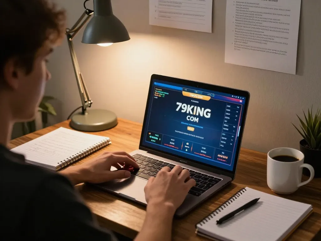 Engaging poker gameplay on 79KING COM, showcasing strategic focus in a cozy home office.