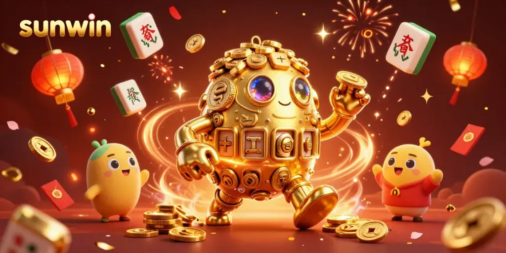 Engage with sunwin's vibrant gaming experience through a vivid 3D illustration highlighting a golden golem surrounded by celebratory Asian gambling elements.