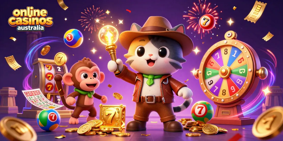 Discover the excitement of online casinos Australia with this vibrant 3D rendering of a cat explorer and monkey in a casino temple.