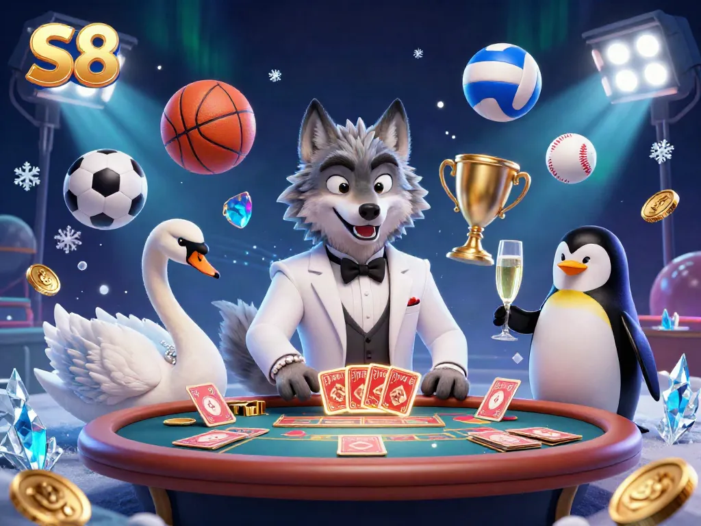 Experience vibrant S8 gambling action with a debonair wolf at the baccarat table amidst flying sports balls and sparkling elements.
