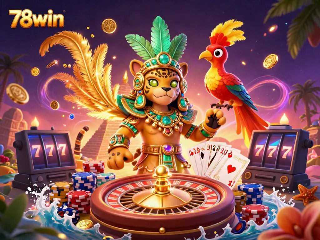 Engage with the dazzling world of 78win featuring a Mayan jaguar priest amidst vibrant casino elements.