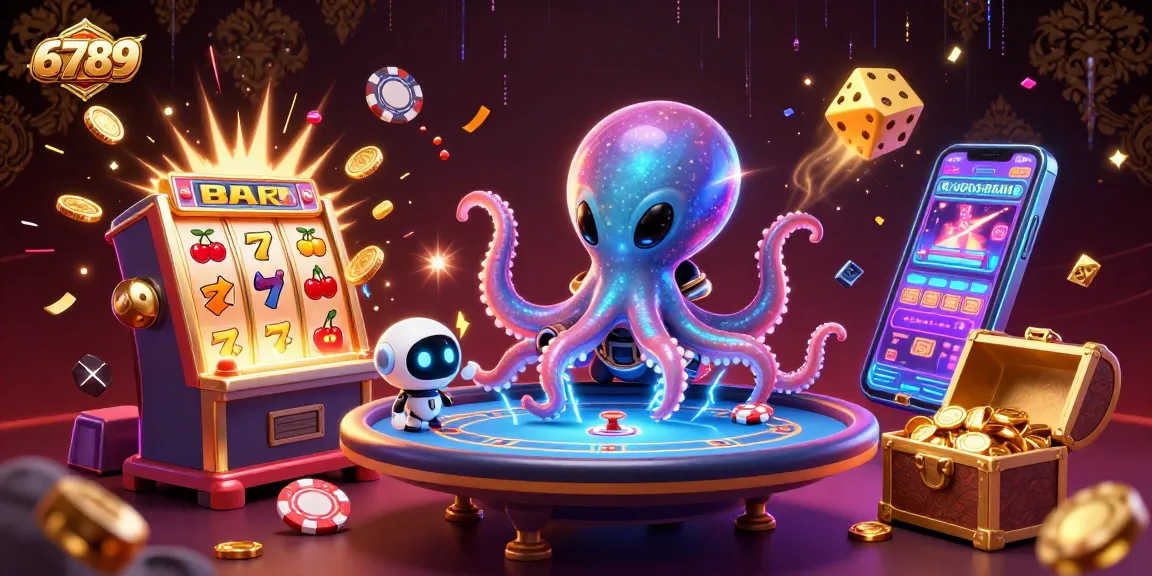 Experience thrilling action at 6789 with our alien octopus dealing cards at a vibrant casino scene.
