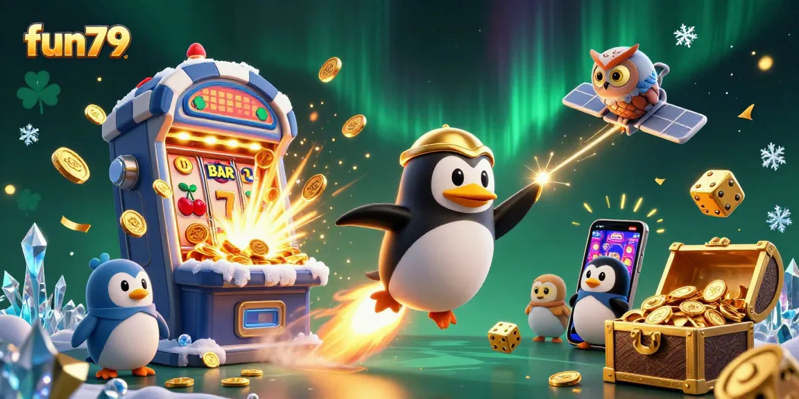 Experience thrilling slots and jackpots with fun79, featuring a vibrant golden penguin and casino elements.