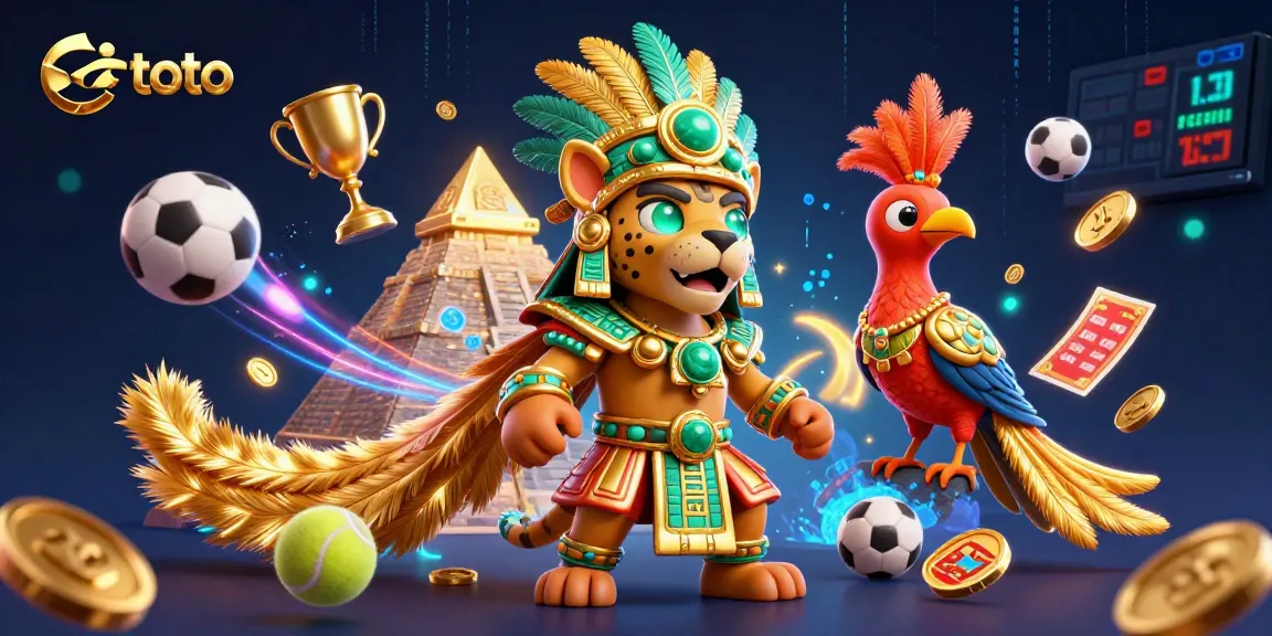 Toto-themed betting scene with a Mayan jaguar priest and sports elements flying dynamically.