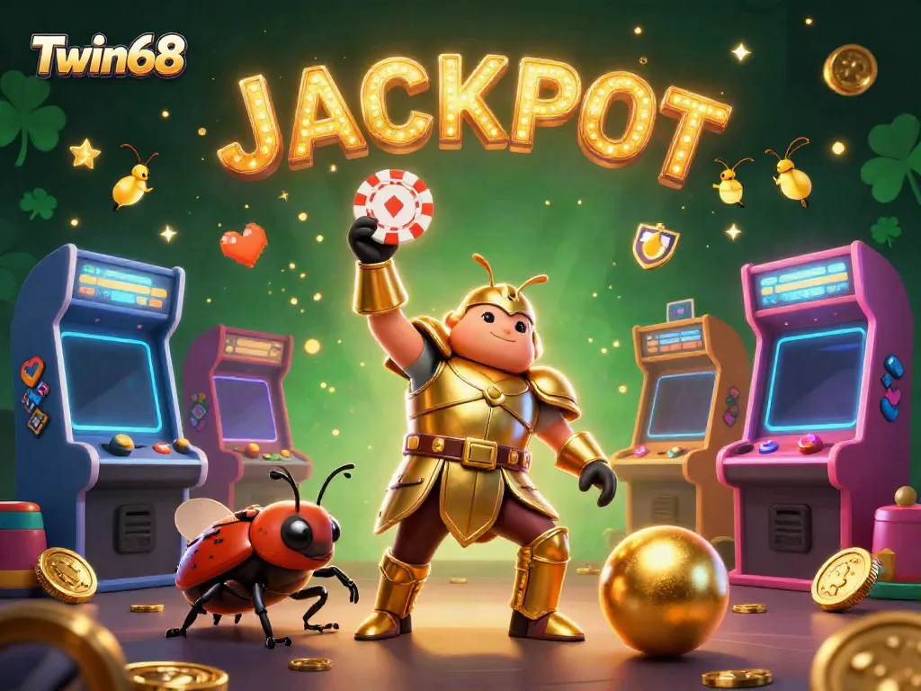 Win big at Twin68 with a victorious beetle in golden armor lifting a poker chip, surrounded by arcade machines.