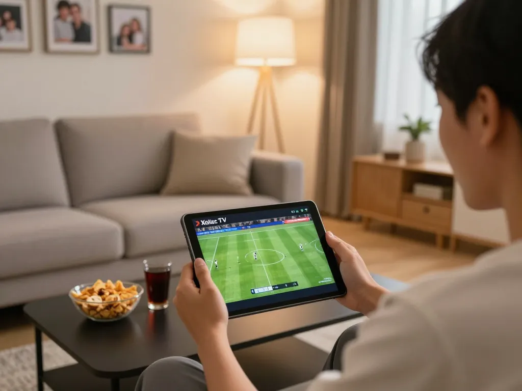 Xoilac TV streaming live football match from home, showcasing vibrant screen graphics and cozy atmosphere