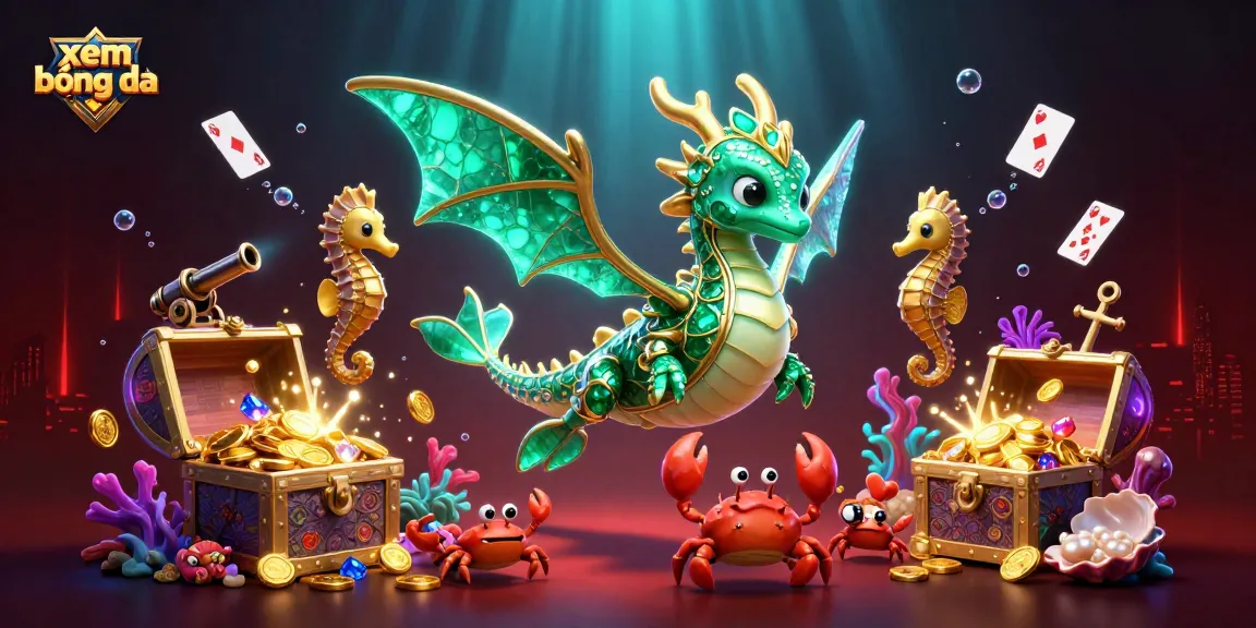 Experience xem bóng đá in vibrant detail, showcasing a lively scene with sea dragon, gems, and dynamic gambling elements.